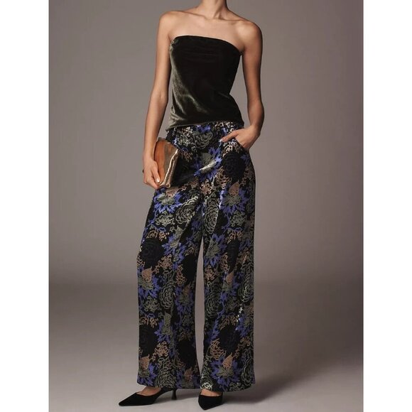 By Anthropologie Dark Florals Velvet Wide Leg Pants 0 - Picture 2 of 4